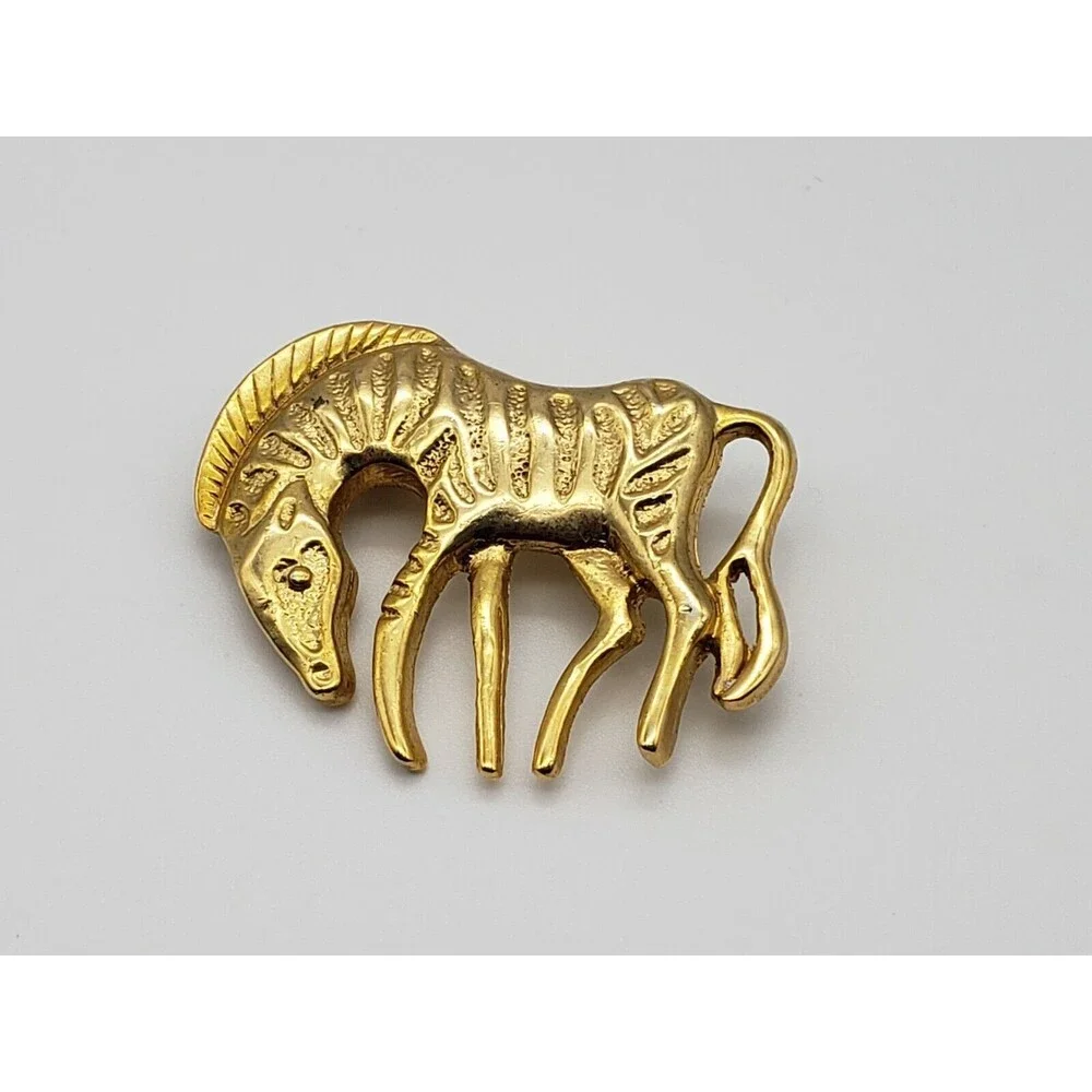 Zebra Animal Figural Brooch Pin Gold Tone Metal Shiny African Safari Vintage